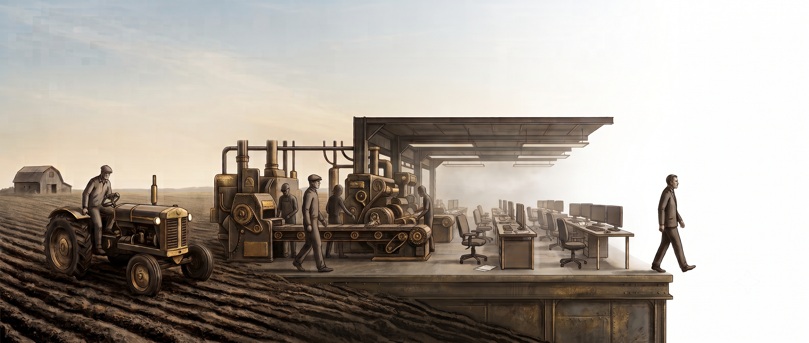 A lone office worker steps off the edge of a raised floor; behind him stretch the eras of work — a tractor in a field, a factory, rows of office desks — and ahead of him there is nothing but empty space