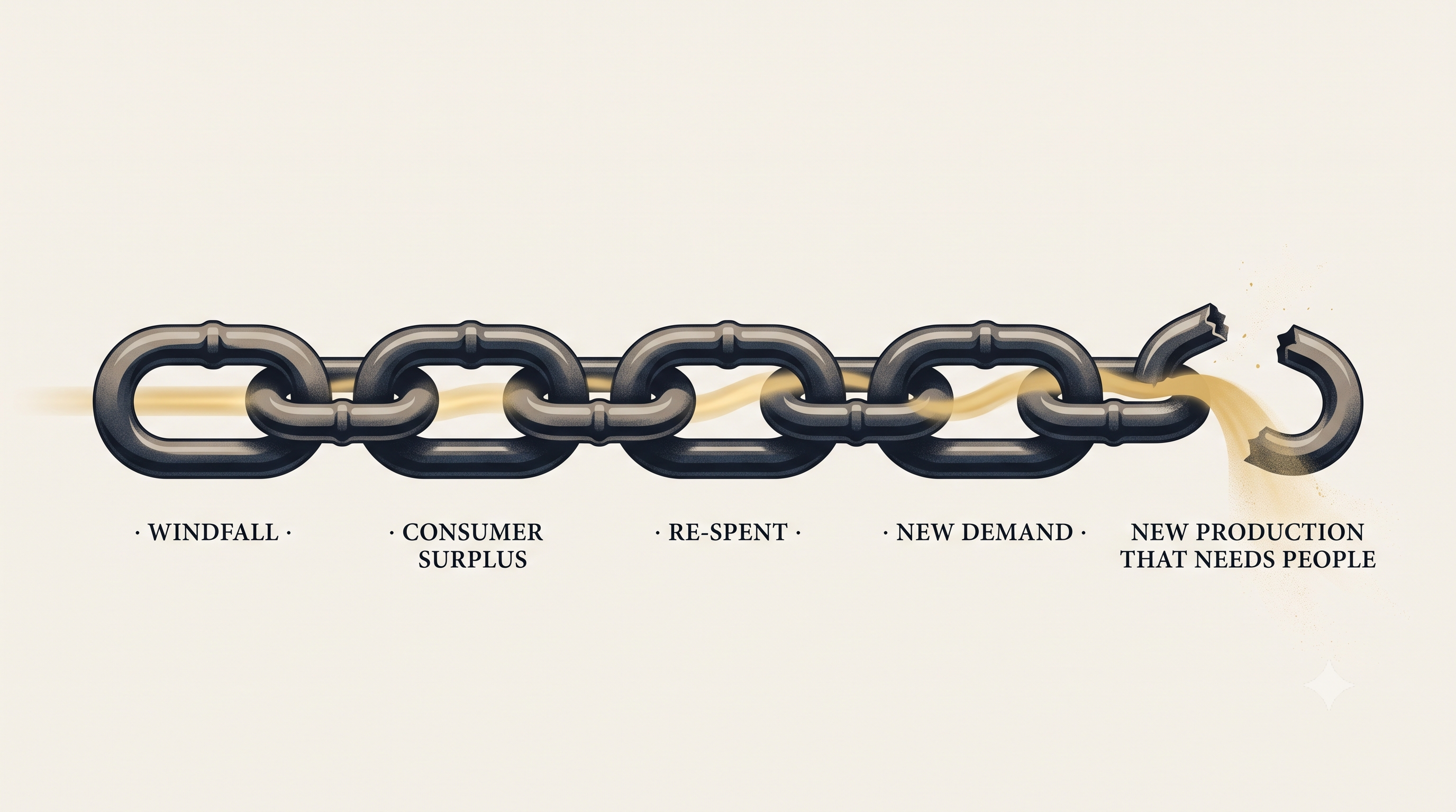 The same five-link chain, but the fifth link is snapped open and the golden value pours out at the break