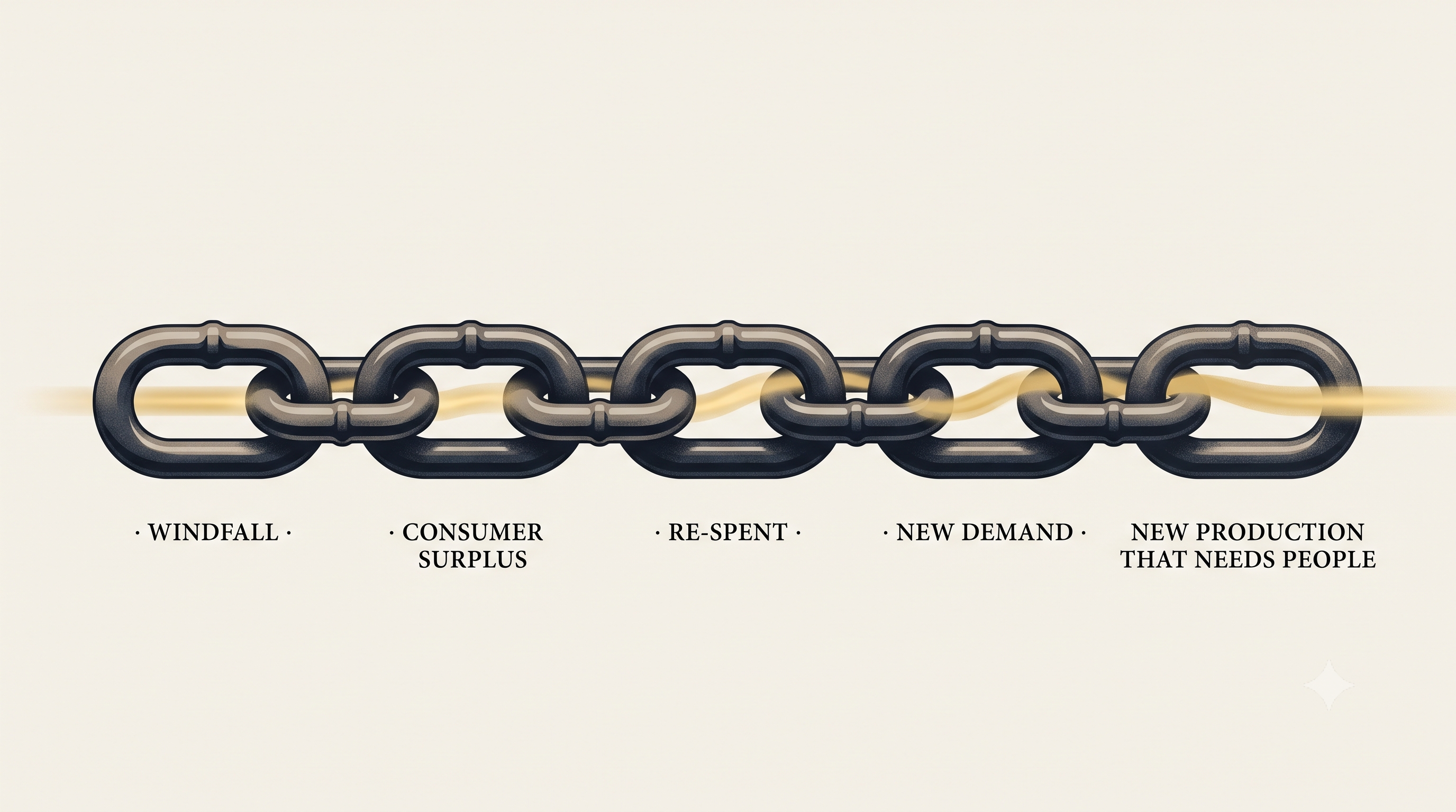 A five-link iron chain, every link whole and interlocked, with a golden stream of value flowing through all of them and off the end